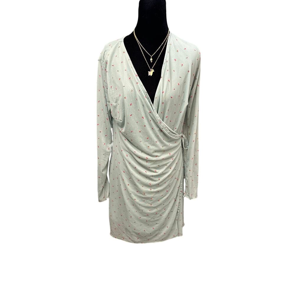 Mesh Floral Green Mini Wrap Dress Long Sheer Sleeves Lined Large